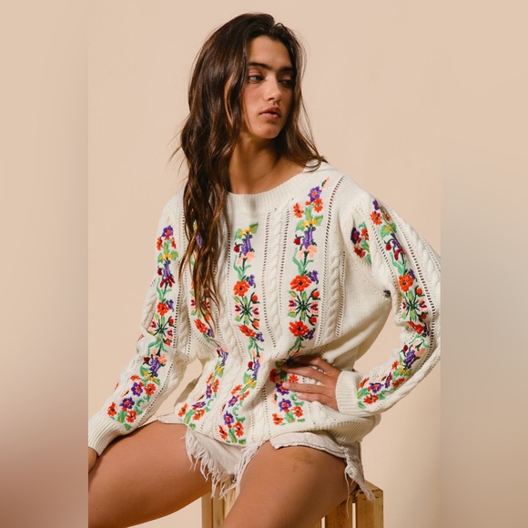 Ivory embroidered stitched floral flower long sleeve boho bohemian chic sweater - Picture 9 of 11